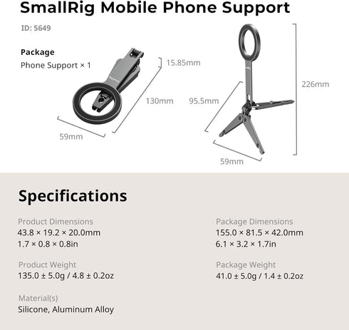 SMALLRIG 1/4" 270 17/16/15/14/13 -5649 Dual Magnetic Phone Tripod, Metal Cell Phone Mount Grip with Threads, Adjustable