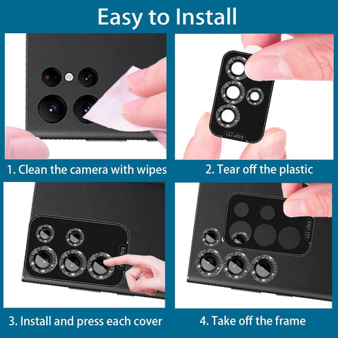 Samsung Galaxy S22 Ultra Camera Lens Protector - 5+5 Pack, Glitter Bling, Tempered Glass, Phone Case Friendly (Black)