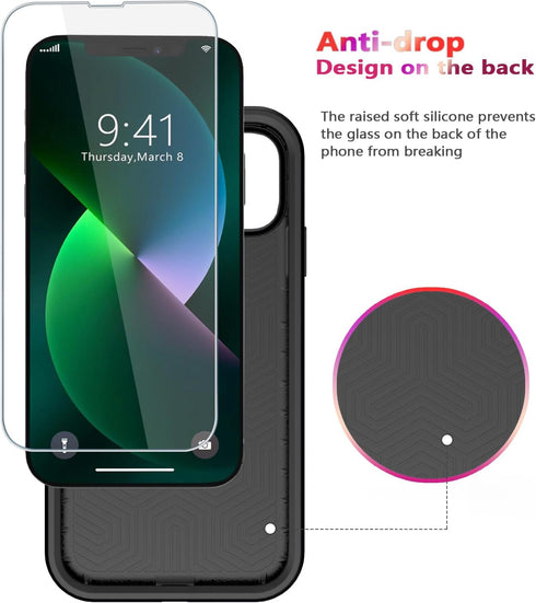 Diverbox Heavy Duty Protection Case for iPhone 13, Black-2in1, Shockproof with Tempered Glass Screen Protector