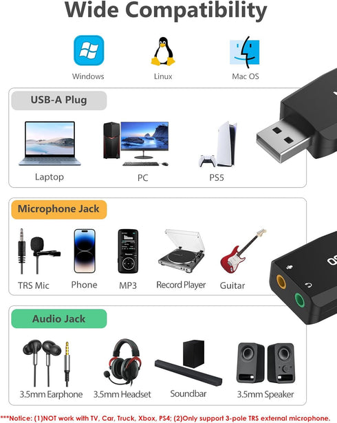 MillSO USB to 3.5mm Audio Jack Adapter, Portable External USB Sound Card for PC, Recording, Streaming, Podcasting -