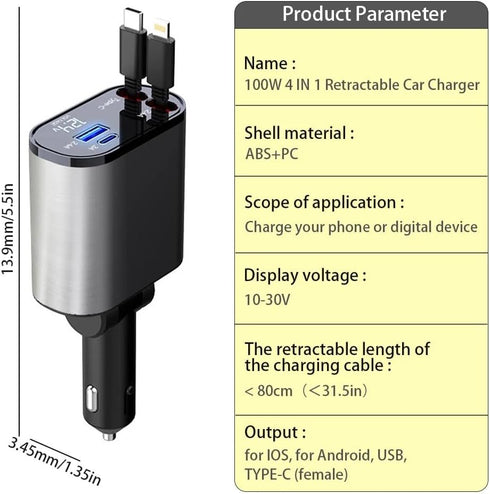 Retractable Car Charger, 4 in 1 Fast Charge Adapter 100W, Retractable Cables for iPhone & Type-C