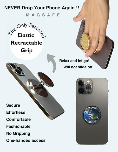 HANDL NEW YORK HANDL O MagSafe Black Leather Phone Grip & Stand Removable Magnetic Grip, Retractable Finger Holder POPL