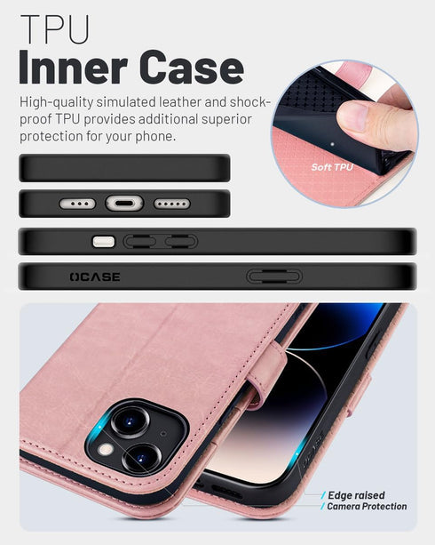 OCASE iPhone 15 Plus Wallet Case, PU Leather Flip Folio Case with Card Holders, RFID Blocking Kickstand [Shockproof TPU