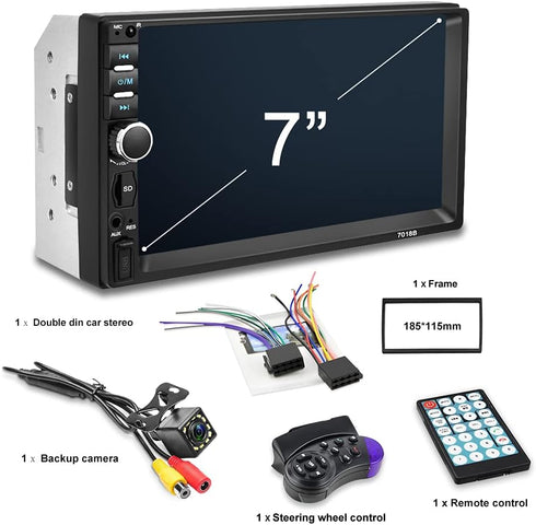 Nhopeew Double Din Car Stereo with Bluetooth, Backup Camera, 7 Inch Touch Screen Car Radio, Support AUX/USB/TF Card