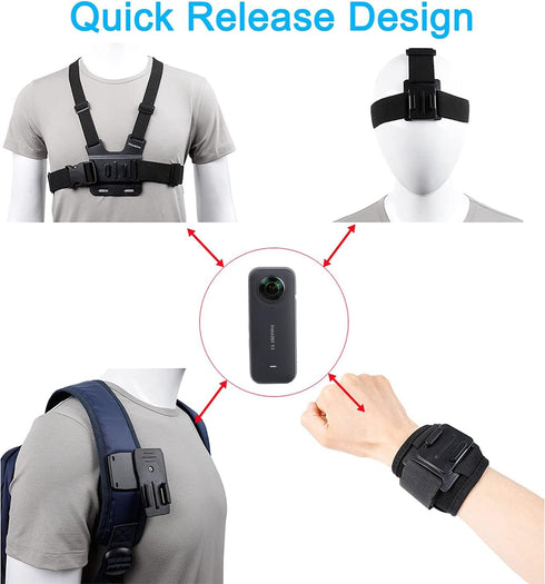 Accessories Kit for GoPro Hero 9, Insta360 One X4/X3/X2/X, Quick Release Head Strap, Chest Mount, 360 Wrist Strap