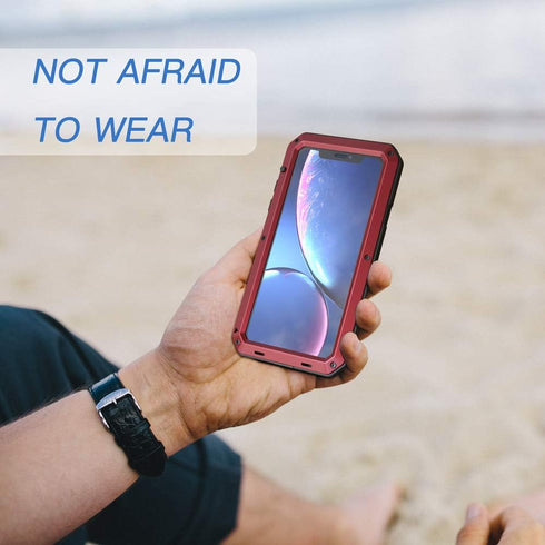 Lanhiem iPhone XR Metal Case, Rugged Full Body Shockproof Cover with Built-in Glass Screen Protector, Red