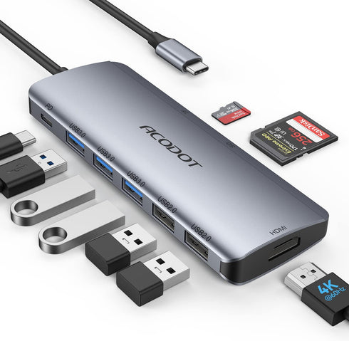 USB C Hub, Acodot 9 in 1 USB C to 4K@60HZ HDMI Multiport Adapter, 3 USB 3.0 Ports, SD/TF Card Reader, 100W PD, Designed
