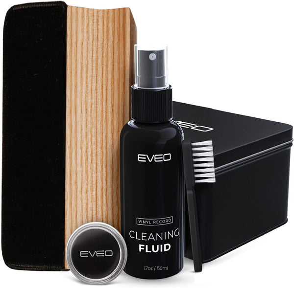 EVEO Premium Vinyl Record Cleaner Kit - Complete 4-in-1 Cleaning Kit with Brush, Liquid, Duster & Stylus Gel