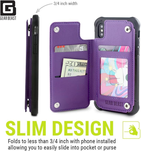 Gear Beast PU Leather Top View Wallet Case - Fits iPhone Xs/X, Flip Folio Cover with Three Card Slots and ID Holder