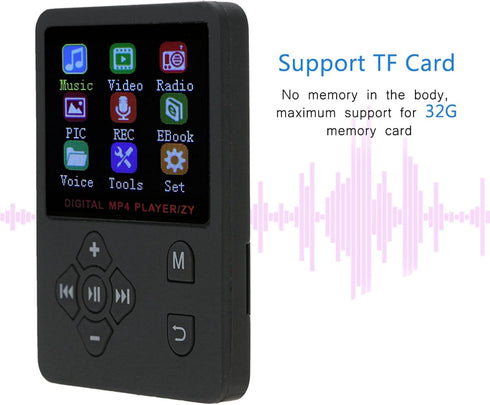 Zopsc MP4 1.8 Inch MP3 32GB Portable Player, Color Video Display, HiFi Player with Headphone Cable, Supports Up to Card