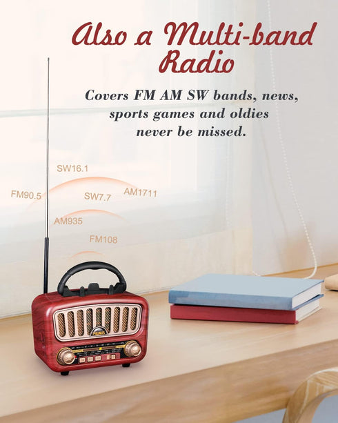 PRUNUS J-180 Vintage Retro Radio Bluetooth Speaker, Portable AM FM Radio with Loud Volume, BT5.0, TF Card & MP3 Player