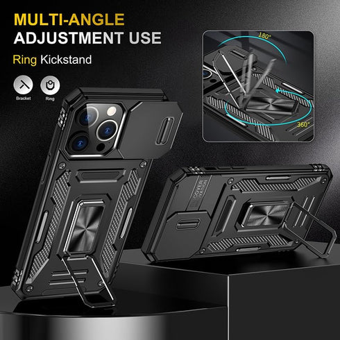 iPhone 15 Pro Kickstand Case with Slide Camera Cover & 360° Ring Stand, plus 2 Tempered Glass Screen Protectors, Black.