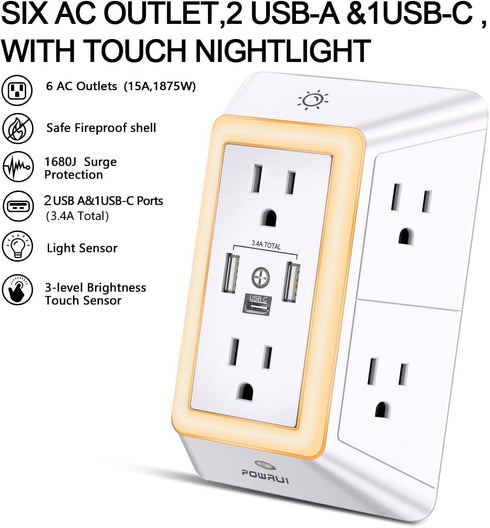 Multi Plug Outlet Surge Protector, POWRUI 6 Outlet Extender with 3 USB Ports and Night Light