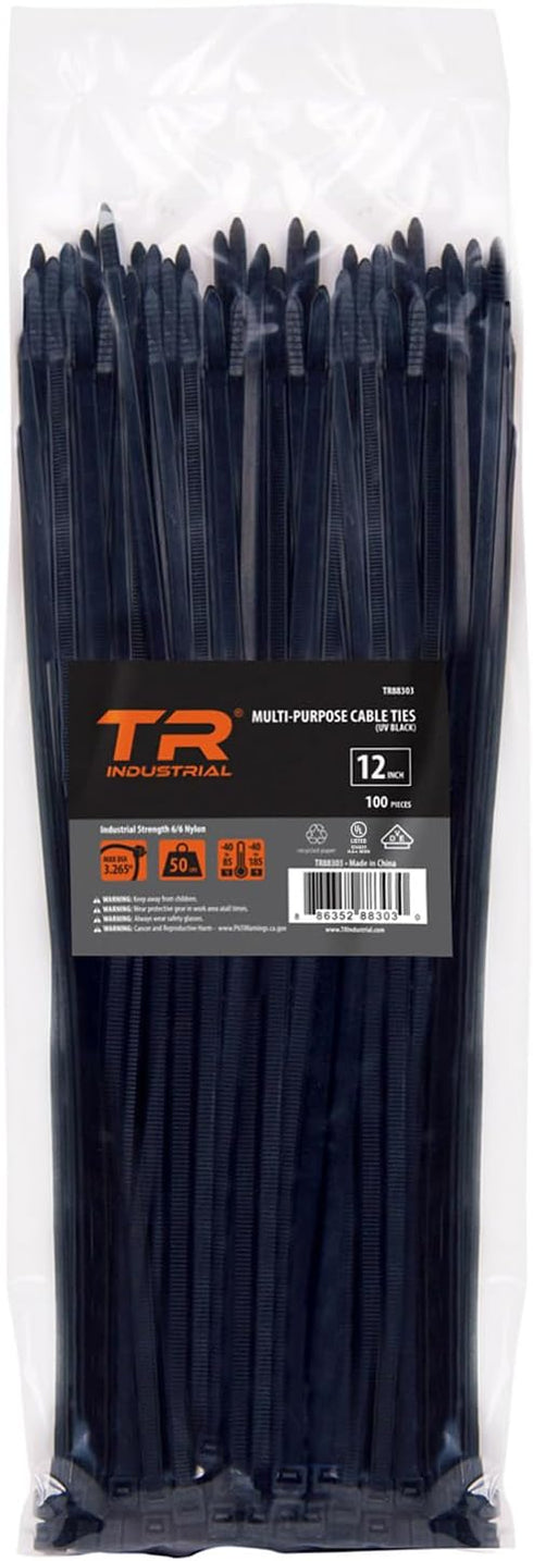 TR Industrial Multi-Purpose UV Resistant Black Cable Ties, 12 inches, 100 Pack
