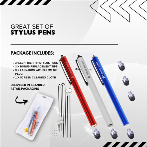 The Friendly Swede Set of 3 Fiber Tip Stylus Pens for Touch Screens, Stylus Pen for iPad, Retail Packaging, Includes 6