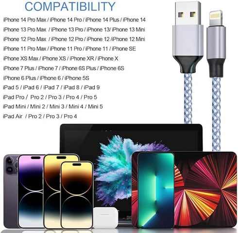 MFi Certified iPhone Charger 3-Pack 6ft Nylon Braided USB-A to Lightning Fast Charging Cable for iPhone 14/13/12/11 Pro