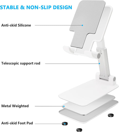 Cell Phone Stand, Folding Desktop Phone Stand, Angle Height Adjustable Mobile Holder for Desk