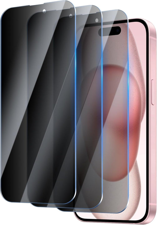 Privacy Screen Protector for iPhone 15/iPhone 15 Pro 6.1 Inch, 3 Pack, Tempered Glass Film Anti-spy