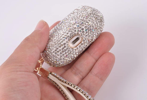 Sparkly Diamond Case for AirPods Pro 1&2 Generation, Premium Bling Rhinestone Cover Skin with Keychain (White AB Gold)