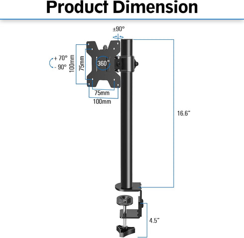 MOUNTUP Adjustable Single Monitor Mount for Max 32 Inch Flat Curved Screen, VESA 75x75 & 100x100, Black
