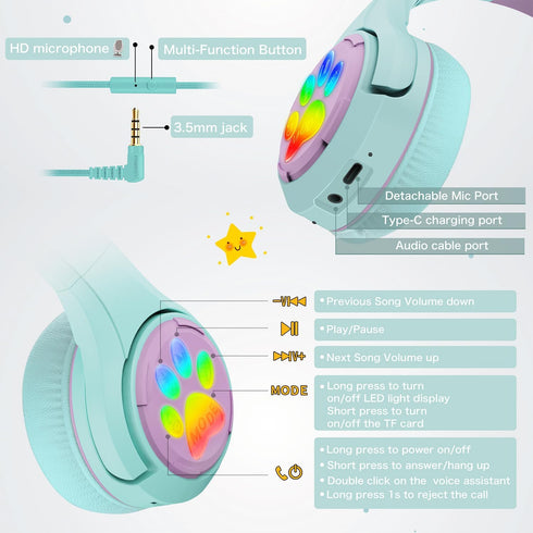 Riwbox CF9 Cat Ear Kids Bluetooth Headphones with LED Light, Safe 85dB Volume Limit, Built-in Mic for Calls (Green)