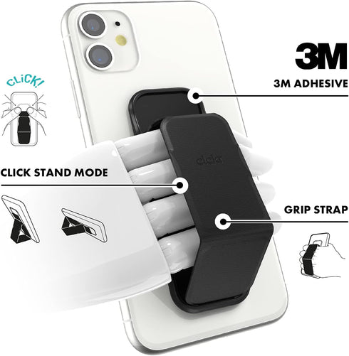 CLCKR Cell Phone Grip and Expanding Stand, Universal Holder for iPhone 15 Pro, Pro Max, Samsung Phones, Carbon Fibre