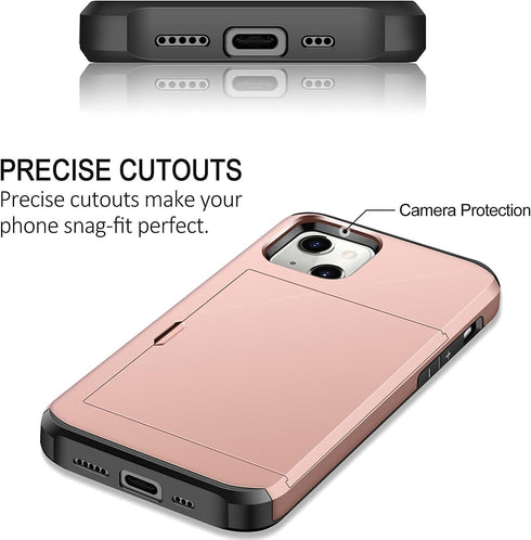 SAMONPOW Rose Gold Case for iPhone 13 with Card Holder, Dual Layer Hybrid Wallet Heavy Duty Protection