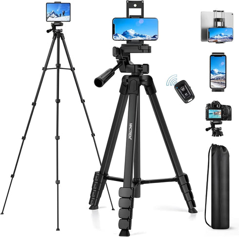 67" Phone Tripod, MACTREM Stand for iPad iPhone Tablet Camera with 2 in 1 Mount & Wireless Remote for Video Recording