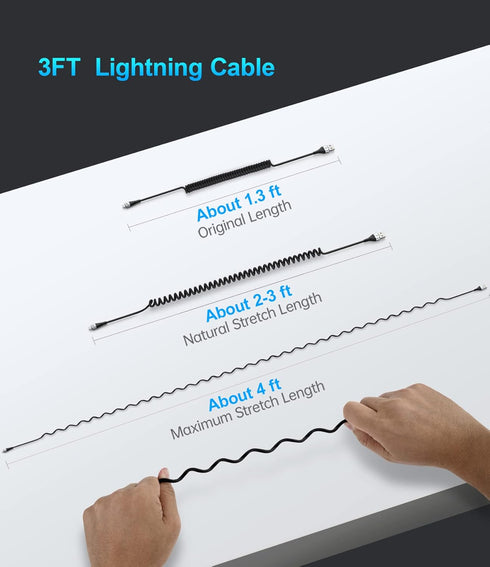 Coiled Lightning Cable 3ft, 2 Pack - Apple MFi Certified Charger for iPhone 14/13/12/11 Pro Max, iPad, CarPlay.