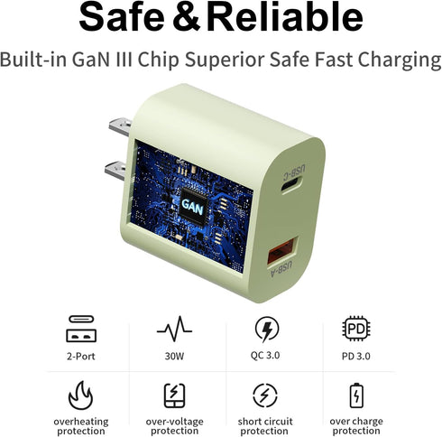30W USB C GaN Charger for iPhone 15, Dual Port Fast Charging Block with Type C Charge Cable 5ft