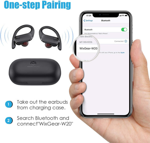 WixGear Sport Wireless Earbuds: Bluetooth 5.0, 30H playtime, touch control, sweat-proof, deep bass, charging case, mic.