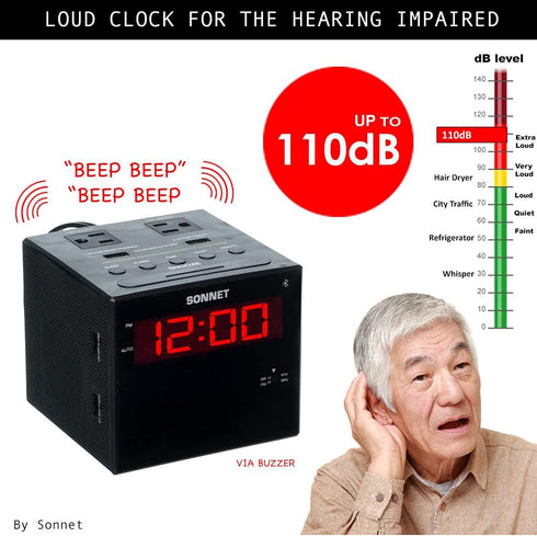 Sonnet Alarm Clock Charging Station, Bluetooth Speaker, AM FM Radio, Dual USB Charging Ports for Heavy Sleepers