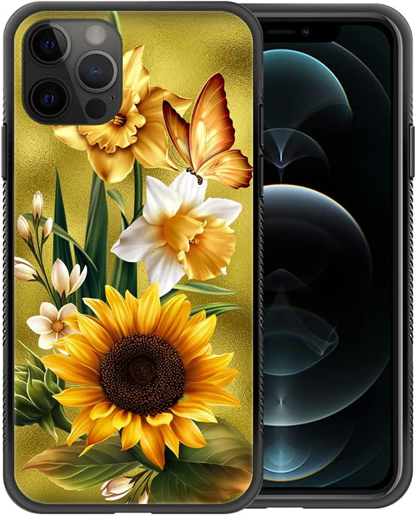 iPhone 11 Pro Max Case Compatible, Butterfly Golden Sunflower Pattern Design Hard PC Back Cover, Non-Slip TPU for Women