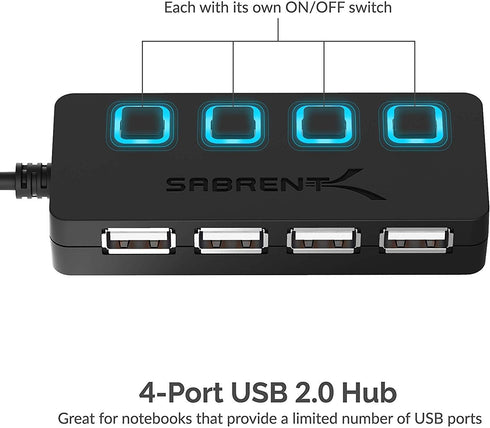 SABRENT 4 Port USB 2.0 Data Hub with Individual LED Power Switches, Charging NOT Supported for Mac & PC