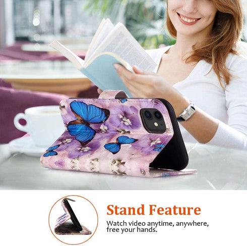 JanCalm Compatible with iPhone 11 Wallet Case, Floral Pattern Premium PU Leather Flip Cover with Wrist Strap