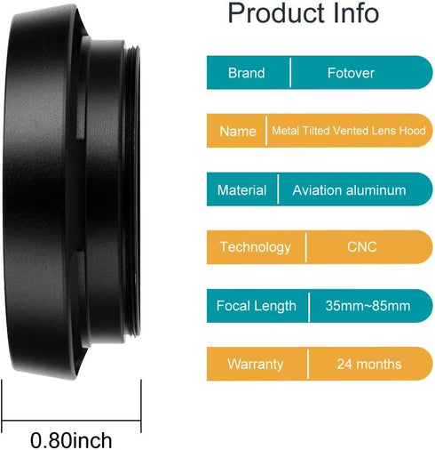 62mm Hollow Lens Hood Universal Metal Vented Tilted Curved Sunshade with Centre Pinch Lens Cap for Leica Canon Nikon