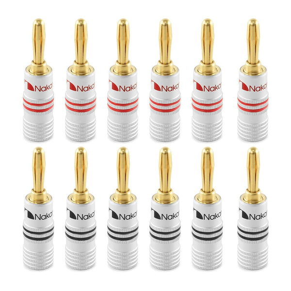 Nakamichi Excel Series 24k Gold Plated Banana Plug 12 AWG - 18 AWG Gauge Size 4mm, 12 Pcs (6-Pairs) for Speakers
