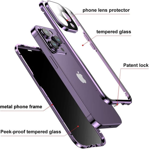 iPhone 15 Pro Anti-Peeping Case: 360° Full Body Privacy Screen, Clear Tempered Glass, Magnetic Metal Bumper, Black.