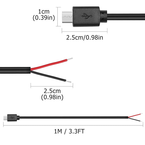 YAODHAOD Micro USB Male 2 Pin Bare Wire, 5V 3A Pigtail Power Cable for USB Equipment (5PCS)