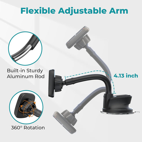 APPS2Car Magnetic Phone Holder for Car, Dashboard Windshield Phone Holder Mount with Flexible Arm & Built-in Strong