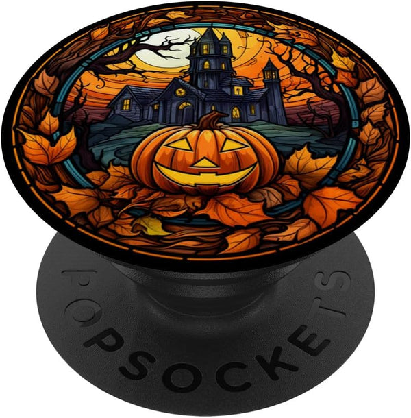 Halloween Pumpkin Stained Glass Autumn Leaves Cute Creepy PopSockets Standard PopGrip