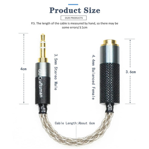 GUCraftsman 3.5mm Stereo Male to 4.4mm Balanced Female Portable Headphone Adapter Cable, 6N Single Crystal Silver for