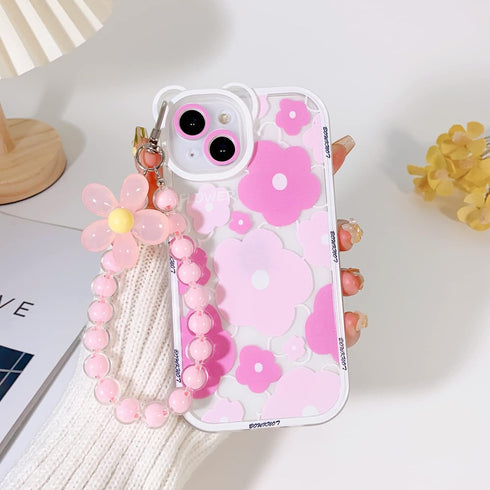 Clear Pink Floral Bear Camera Lens Case for iPhone 12, with Lovely Flower Bracelet Chain