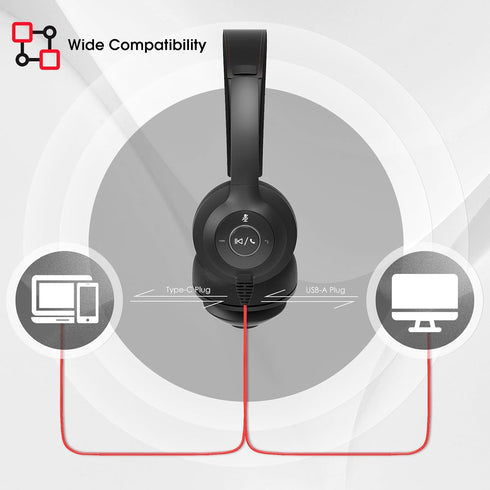 Headset Headset USB with Microphone for PC/Laptop, Wired Headphones with Noise Cancelling Mic, USB C & USB A, All-day