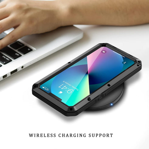 Lanhiem Metal Case for iPhone 13, Heavy Duty Shockproof Rugged Cover with Built-in Glass Screen Protector, Black
