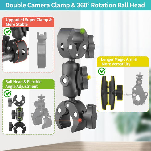 Super Clamp Double Camera Clamp, Double Mount Clamp Bracket Magic Arm Double Ball Head, Crab Plier Clip Bracket with Ballhead for Light Stand, Photography Reflector, Umbrella, Tripod, Table