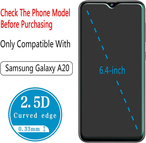 HPTech Tempered Glass Screen Protector for Samsung Galaxy A20, Easy Install, Bubble-Free, 2-Pack.