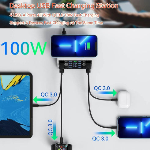 100W 8-Port Charging Station for Multiple Devices, 4 QC3.0 + 4 USB C PD Ports, Wireless Charger Hub