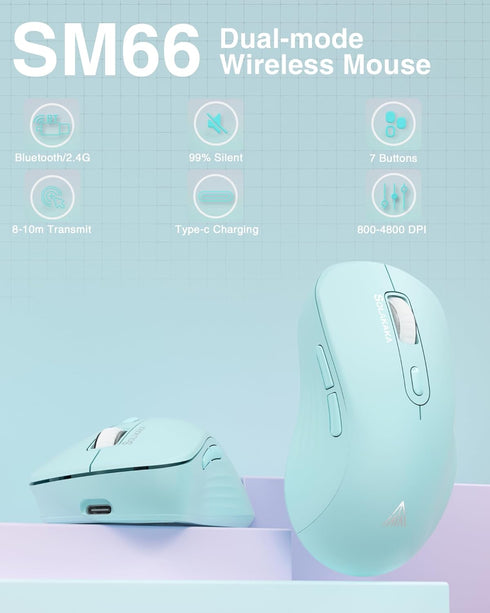 SM66 Green Silent Dual Mode Wireless Mouse for Laptop, Adjustable 4800 DPI,Rechargeable Computer Mouse for Bluetooth and Wireless Connection