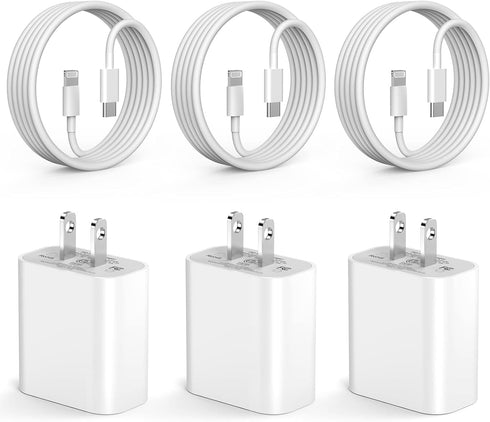 MFi Certified iPhone Fast Charger 3 Pack: PD 20W Type C Block & 6FT USB C to Lightning Cable for iPhone 14, 13, 12, 11